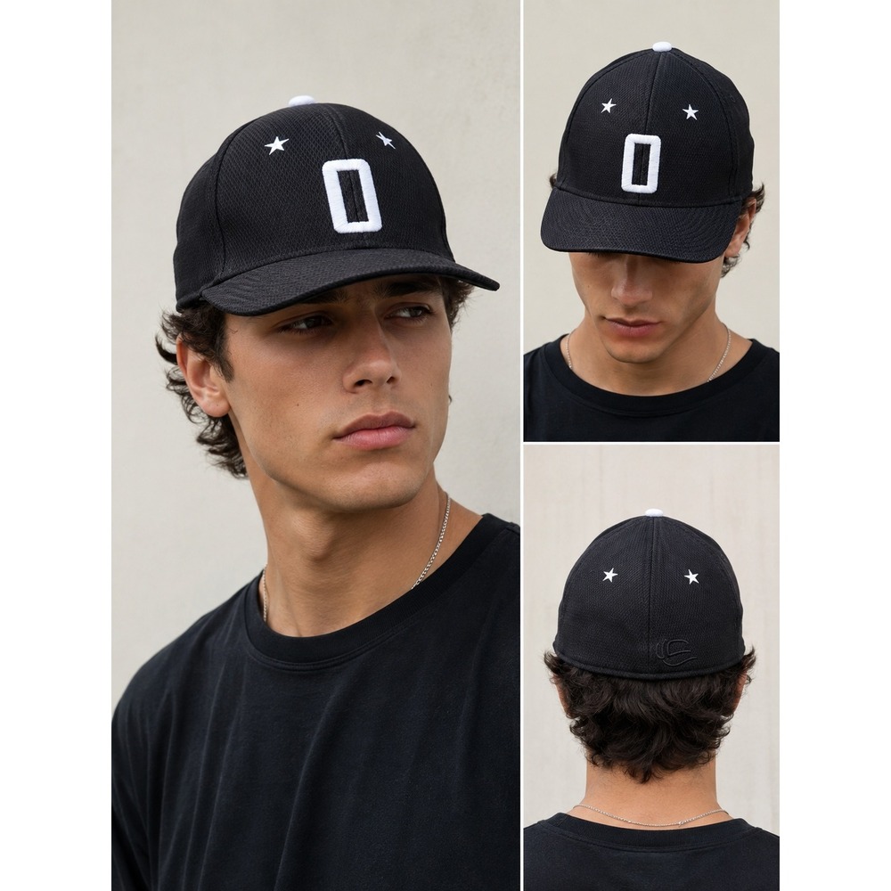 OC Sports ProFlex Black Baseball Cap White O Stars Embroidered Performance Hat